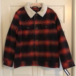 Lucky Brand Thanos Wool Buffalo Plaid Faux Shearling Jacket red black, Men’s XL
